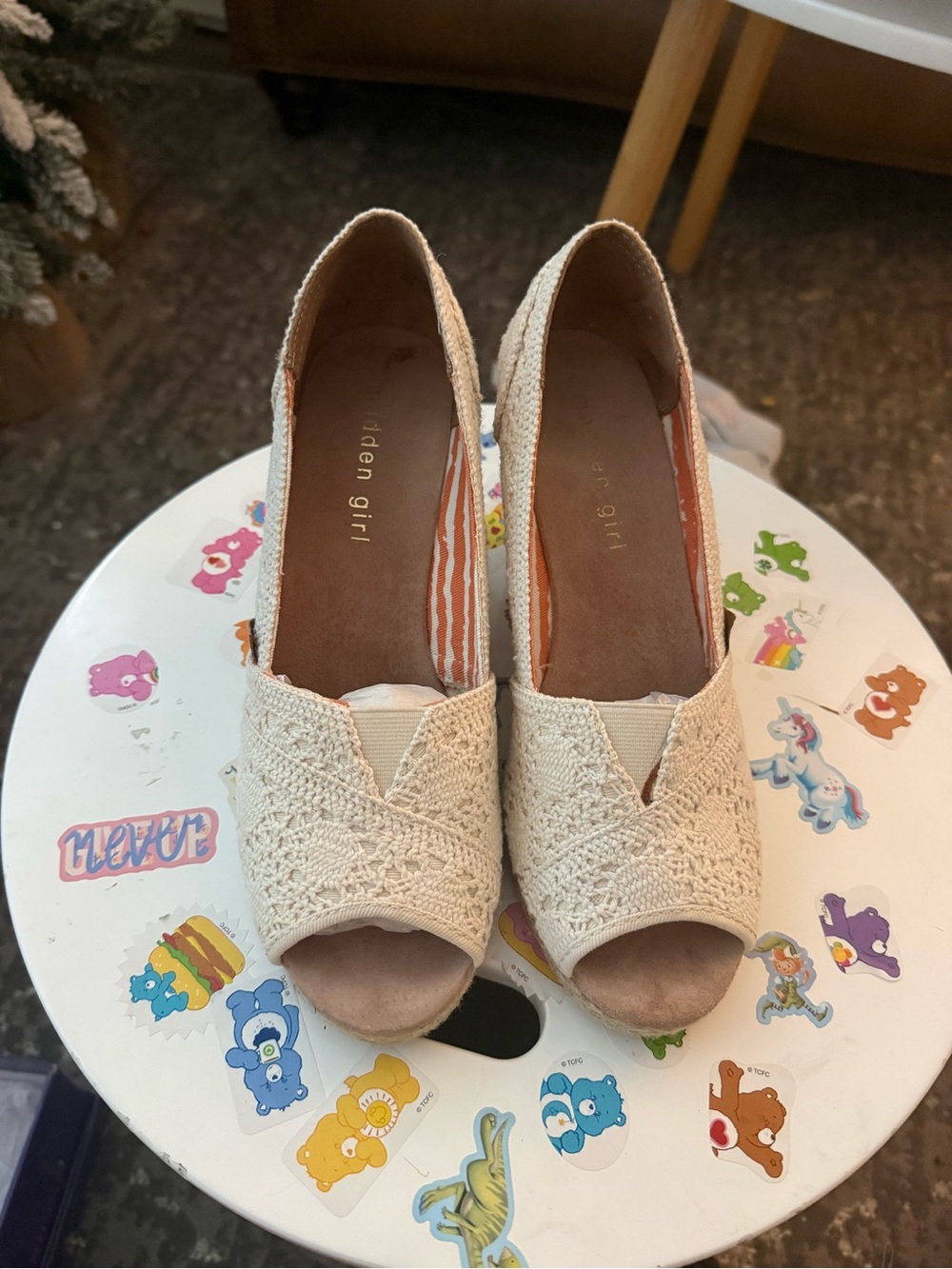 Madden Girl Cream Crochet Peep-Toe Wedges